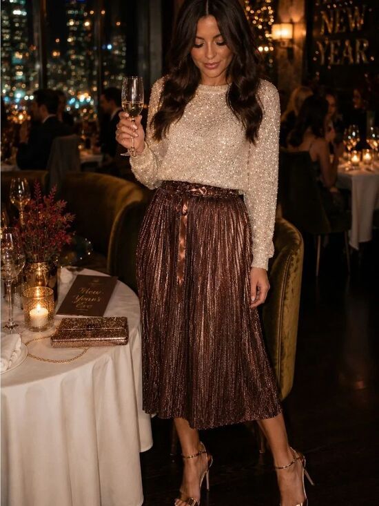 Modcloth Dresses & Skirts - Modcloth Metallic Skirt Glitz The Metallic Midi Skirt Tie Elastic Bronze S NWT